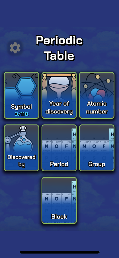 Menú principal de la aplicación Quiz de la Tabla Periódica mostrando categorías como Símbolo, Año de descubrimiento y Número atómico