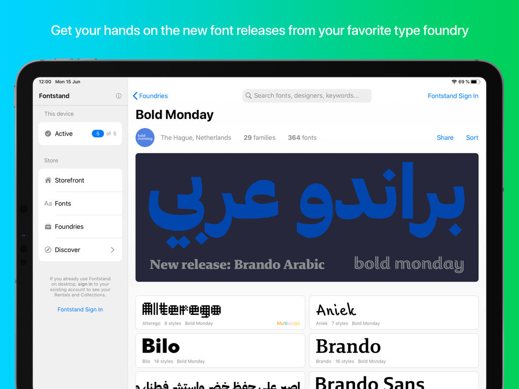Aplicación Fontstand para iPad que muestra la página y la colección de fuentes de la fundición Bold Monday