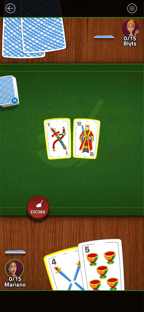 Juego móvil de Escoba Blyts mostrando cartas españolas en una mesa verde