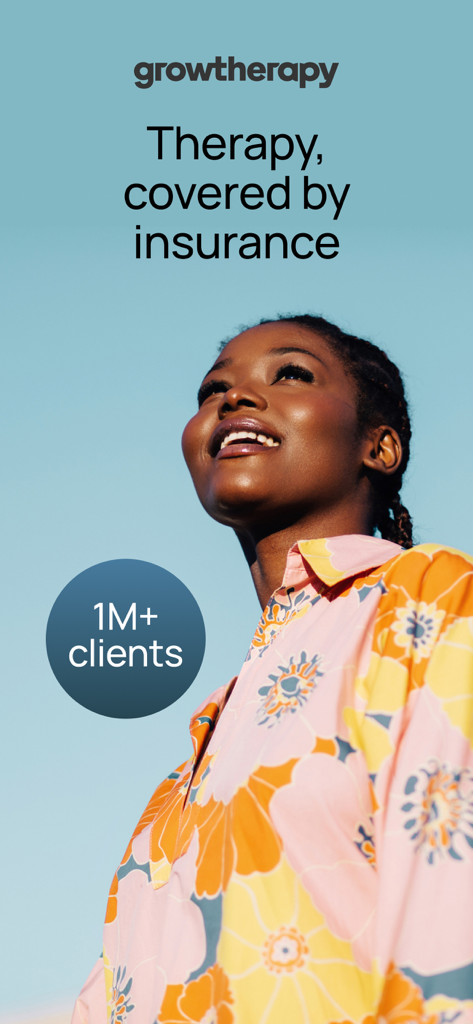 Grow Therapy 앱 홍보 화면, 보험 적용 심리치료 강조, 웃는 여성과 1백만 명의 고객 배지 포함