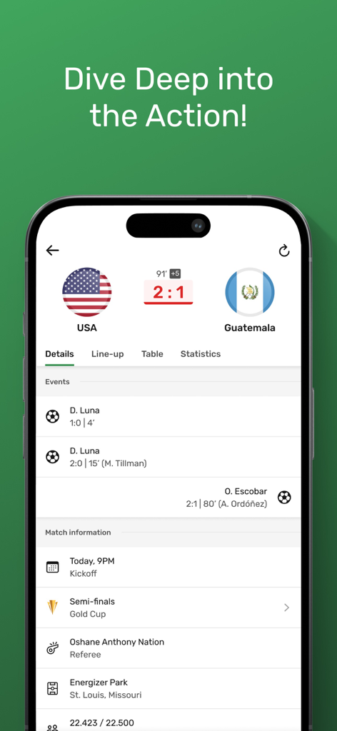 TorAlarm Live Scores - Live-Fußballspiel-Details und Ergebnis für USA gegen Guatemala in der TorAlarm-App