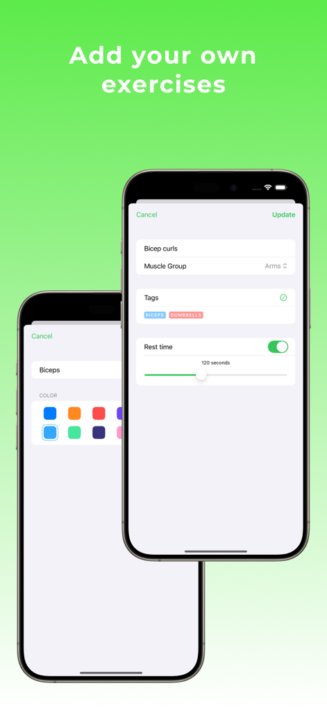 GymTrack: Workout Tracker - Interface de l'application mobile GymTrack pour créer des exercices personnalisés avec des étiquettes de groupes musculaires et des réglages de minuteur de repos.