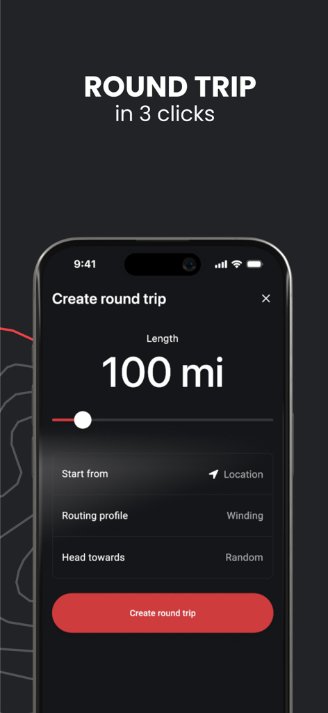 calimoto motorcycle routes - Interface for creating a 100 mile motorcycle round trip with winding roads in the calimoto app