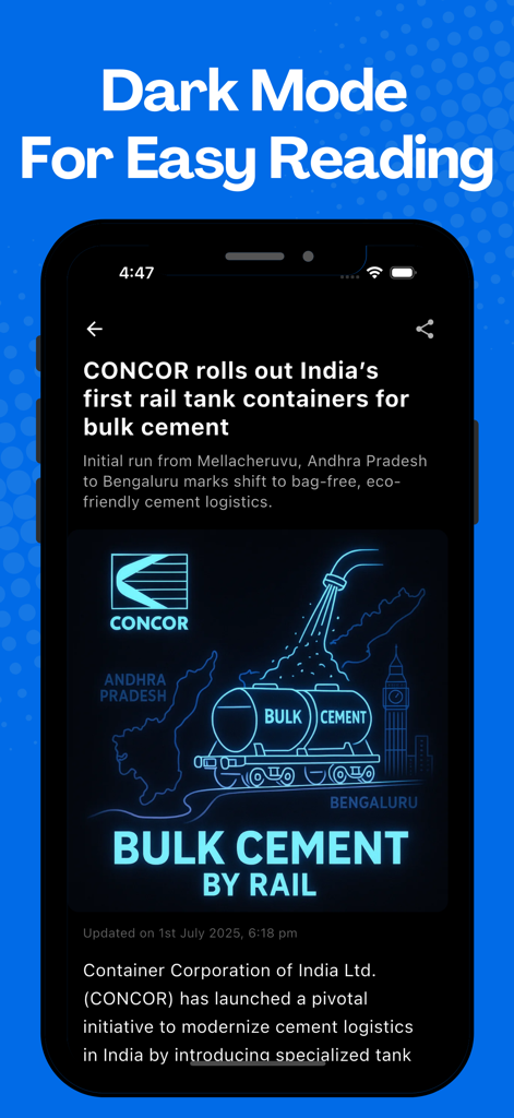 Skylark: Stock Market News - A mobile interface of the Skylark app showing an article about CONCOR in dark mode for easy reading