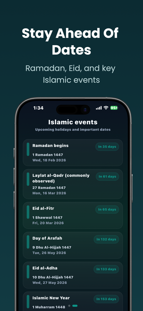 IslamTools - Islamic Companion - Islamic events calendar screen showing dates for Ramadan and Eid holidays