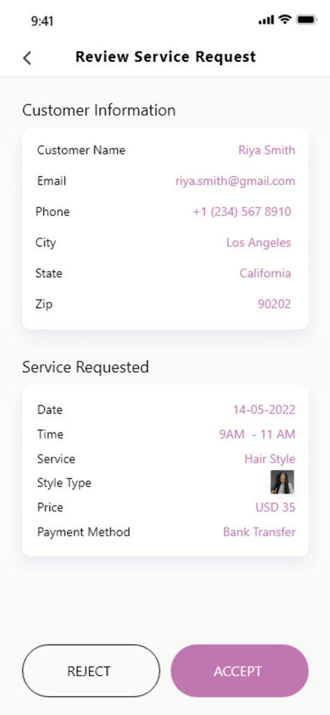 Labelle Braids - Labelle Braidsアプリのサービス依頼レビュー画面で、ヘアスタイルの予約に関する顧客詳細と予約情報が表示されている様子