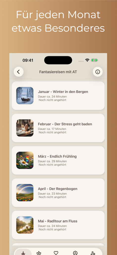 List of monthly themed relaxation and fantasy journeys in the Entspann dich App