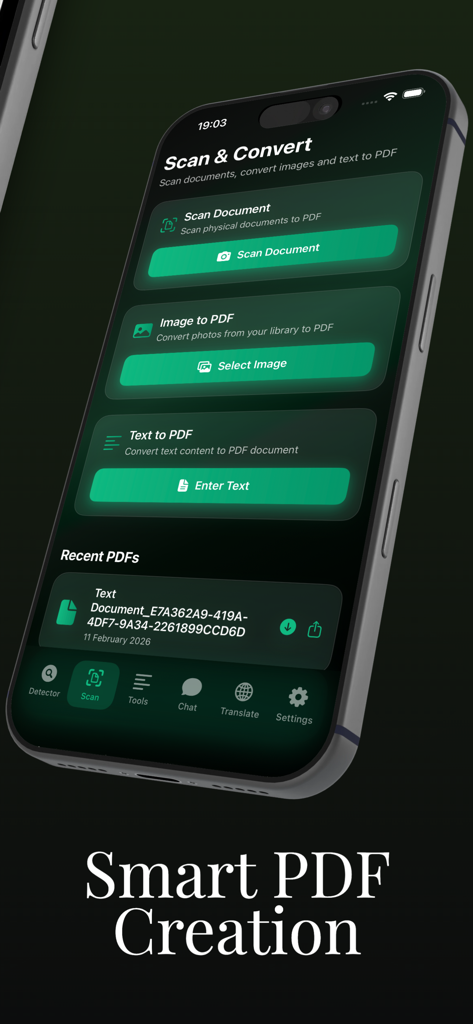 GPTzero AI humanize Detector - Mobile app interface showing smart PDF creation options including scan document and image to PDF