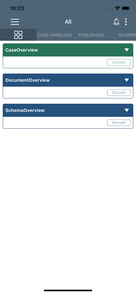 TQM Enterprise - TQM Enterprise mobile app dashboard interface showing Case and Document overviews