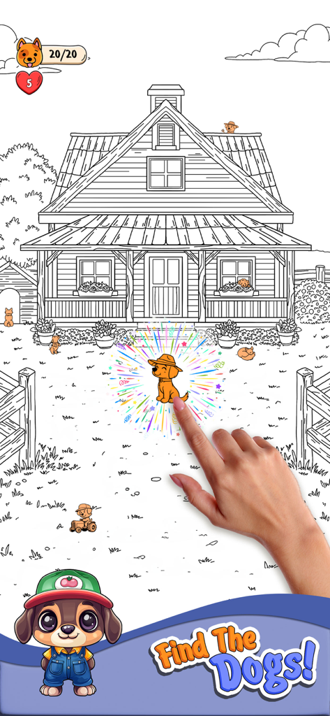 Find The Dogs - A hand discovering a hidden dog in a black and white house scene