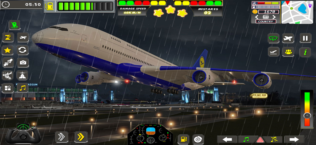Sky Route Missions - A passenger plane flying at night in rainy weather in Sky Route Missions