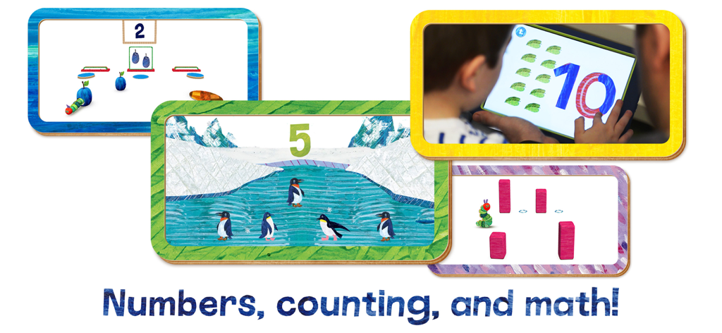 Hungry Caterpillar Play School - A collage showing various counting and math activities within the Hungry Caterpillar Play School app including a child tracing numbers on a tablet