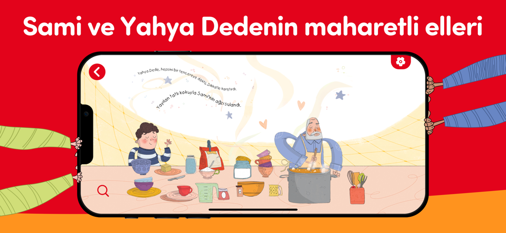 Una escena interactiva de cuento digital de la aplicación Ketebe Cocuk que muestra a un niño y su abuelo cocinando juntos.