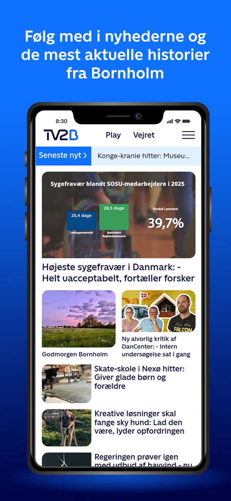 Smartphone screen showing the TV2 Bornholm mobile app with local news headlines and lifestyle stories from Denmark