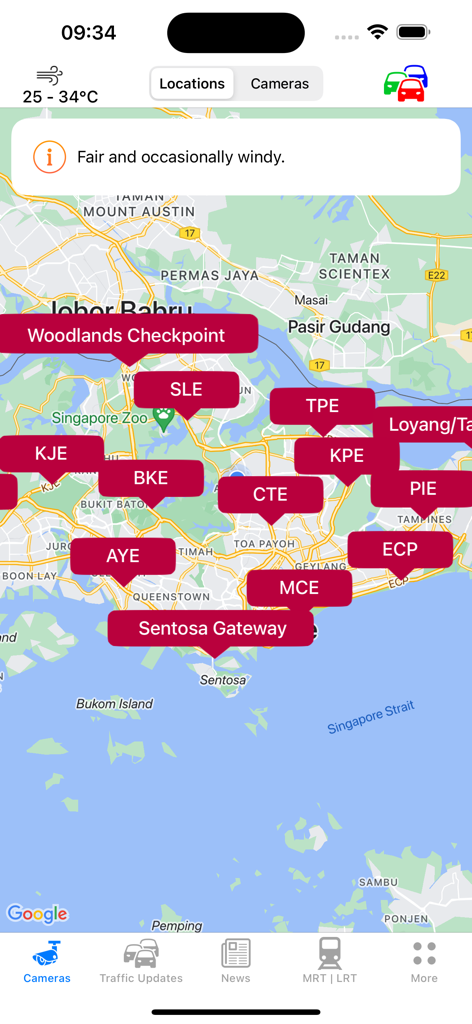 SG Traffic Cameras & Updates - A map of Singapore displaying traffic camera locations and expressway markers with a weather update widget at the top.