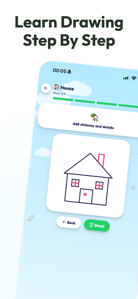 Coloring Games Draw Cute Pets - Oberfläche, die eine Schritt-für-Schritt-Zeichenanleitung eines Hauses für Kinder zeigt.