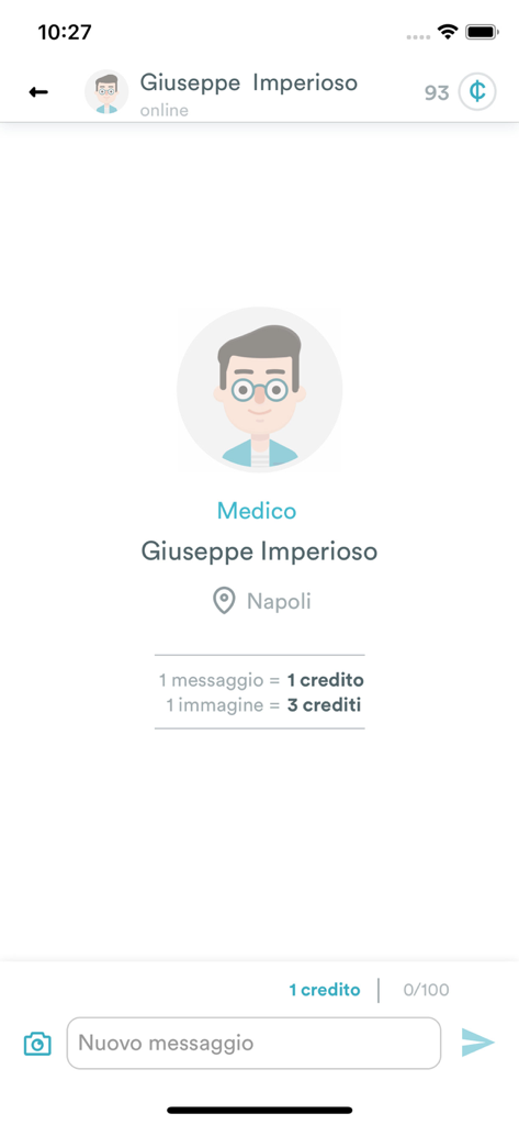 Esperto in Chat - Clienti - Página de perfil de un experto médico que muestra tarifas de chat y el sistema de créditos.