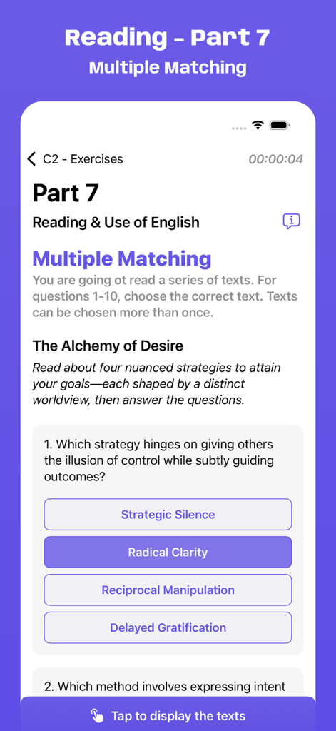 Schermata dell'esercizio di Cambridge C2 exam reading part 7 multiple matching