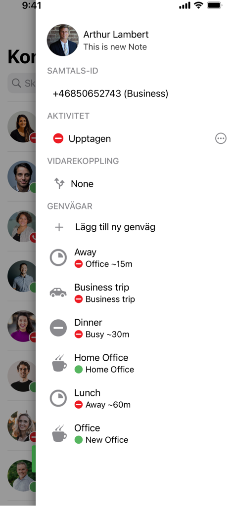Telia Touchpoint Plus - Telia Touchpoint Plus mobile app interface showing user presence status options and business call settings