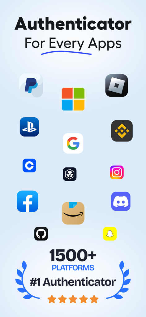 Authenticator App – 2FA & OTP - Pantalla de la aplicación móvil mostrando varios iconos compatibles como Facebook y Binance para la autenticación 2FA.