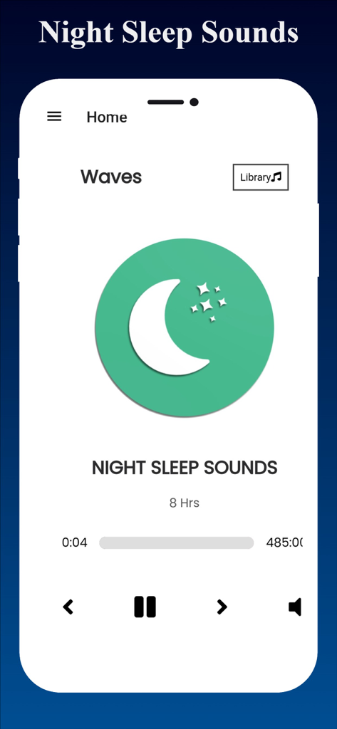 Sleep Calculator App - Media player interface in the Sleep Calculator app showing controls for relaxing night sleep sounds