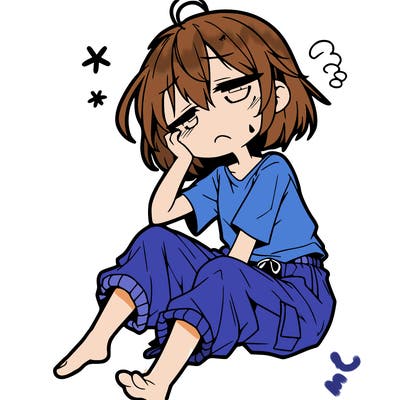 tired anime girl short hair and baggy pants