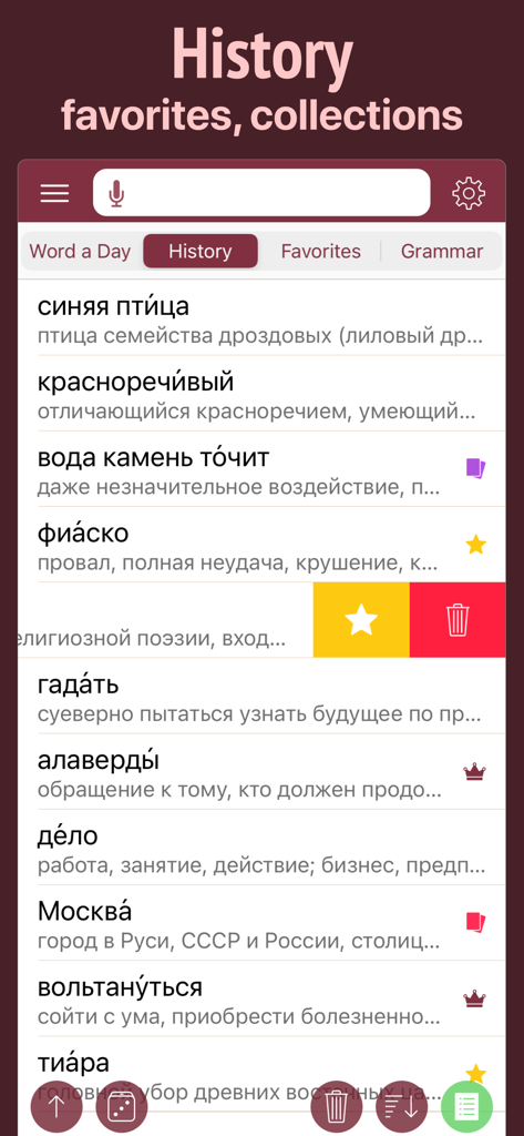 Russian Dictionary Wiki Word - The search history screen of the Russian Dictionary Wiki Word app showing a list of recently searched words and phrases.