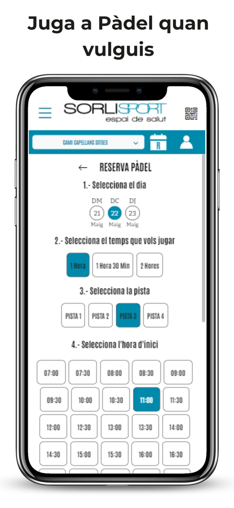 Interface da aplicação Sorli Sport para reserva de um campo de padel, mostrando a seleção de data e hora