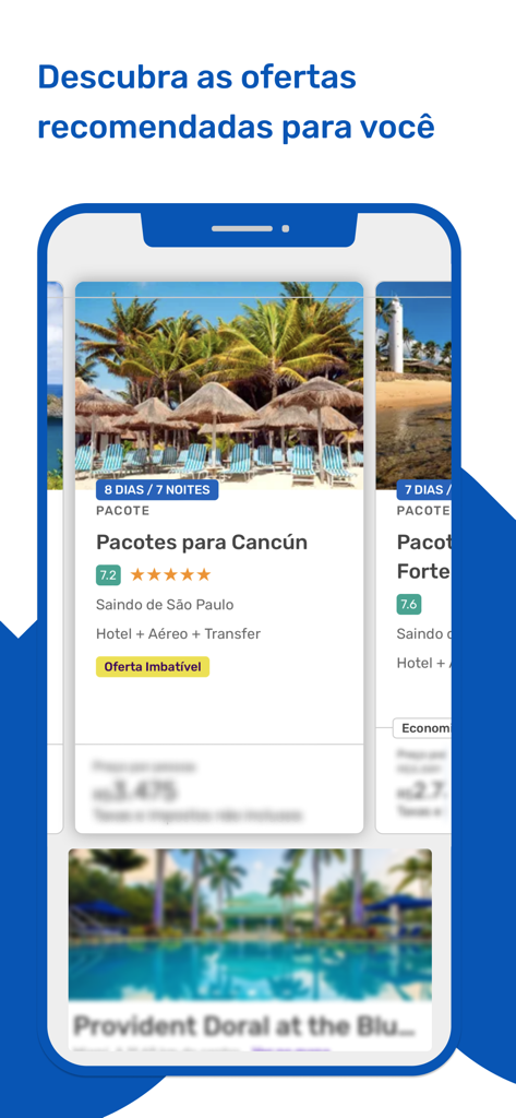 ViajaNet mobile app screen displaying recommended travel packages for Cancun including flight and hotel options