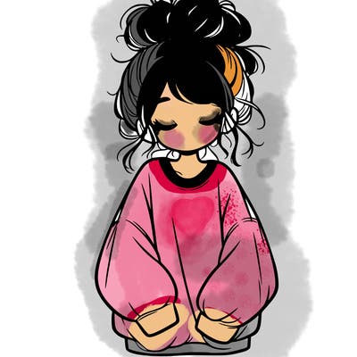 girl with baggy sweatshirt and messy bun