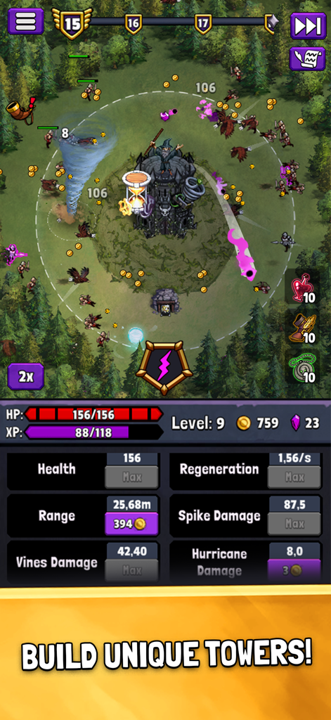 Evil Tower - Idle Defense TD - Evil Tower Idle Defense gameplay showing tower upgrades and a wizard defending against waves of enemies