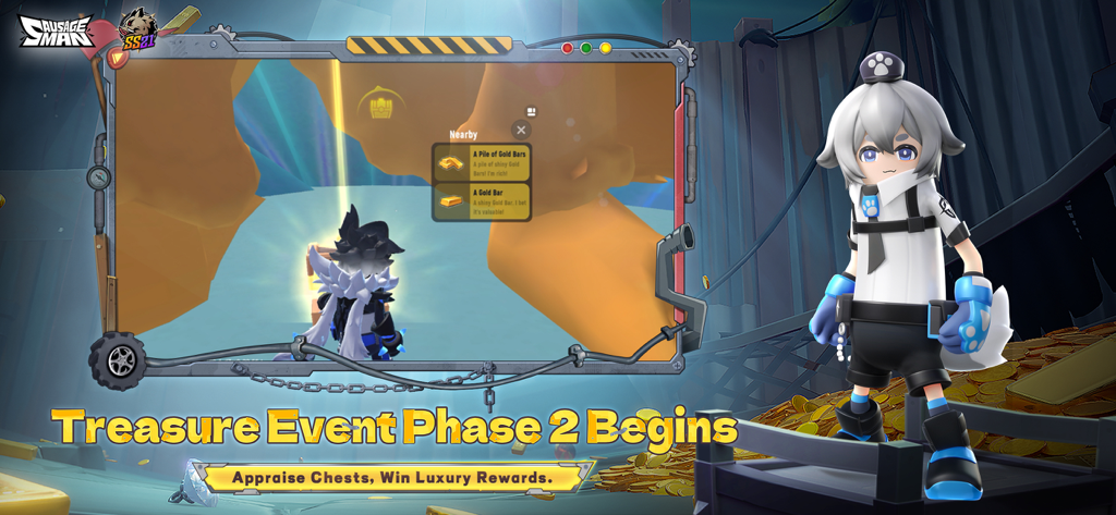 Sausage Man - Pantalla promocional para el evento de tesoros Fase 2 de Sausage Man mostrando personajes y recompensas de oro