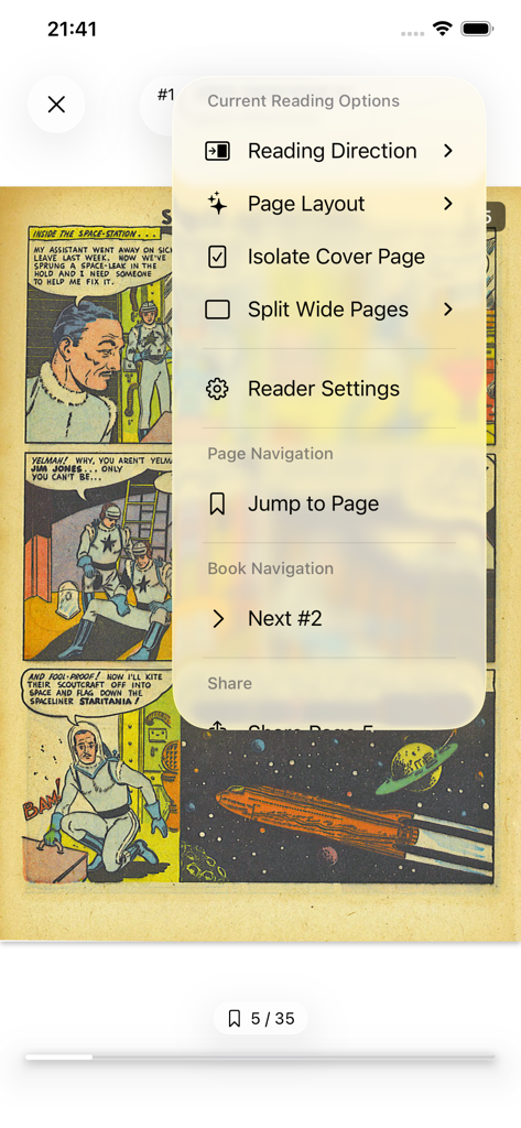 KMReader - Una captura de pantalla de la aplicación KMReader para iOS que muestra un menú de opciones de lectura sobre la página de un cómic con configuraciones de diseño y navegación