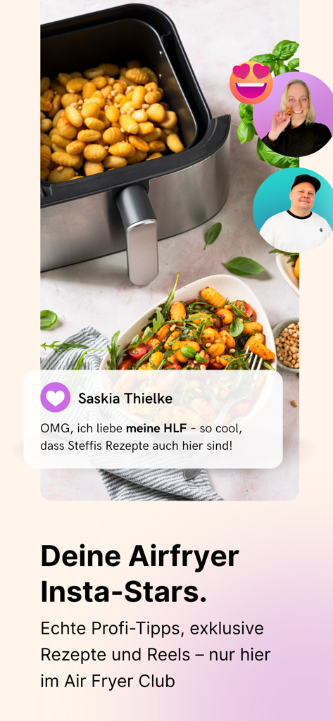 エアフライヤークラブアプリのスクリーンショット。ソーシャルメディアインフルエンサーのレシピと、エアフライヤーで調理されたヘルシーなニョッキが表示されています。