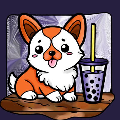 welsh corgi in a boba tea
