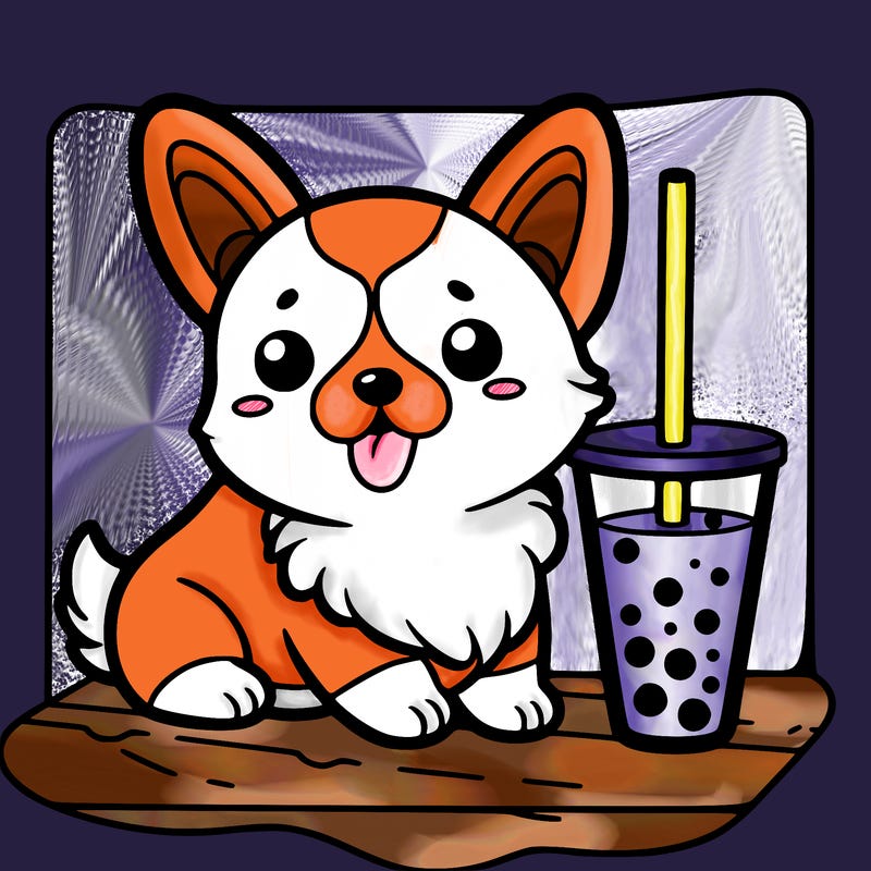 welsh corgi in a boba tea