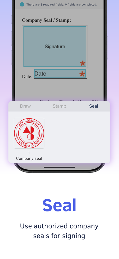 DottedSign - eSign & Fill Docs - DottedSignモバイルアプリの画面。デジタルドキュメント署名のための認定会社印の使用方法を表示。