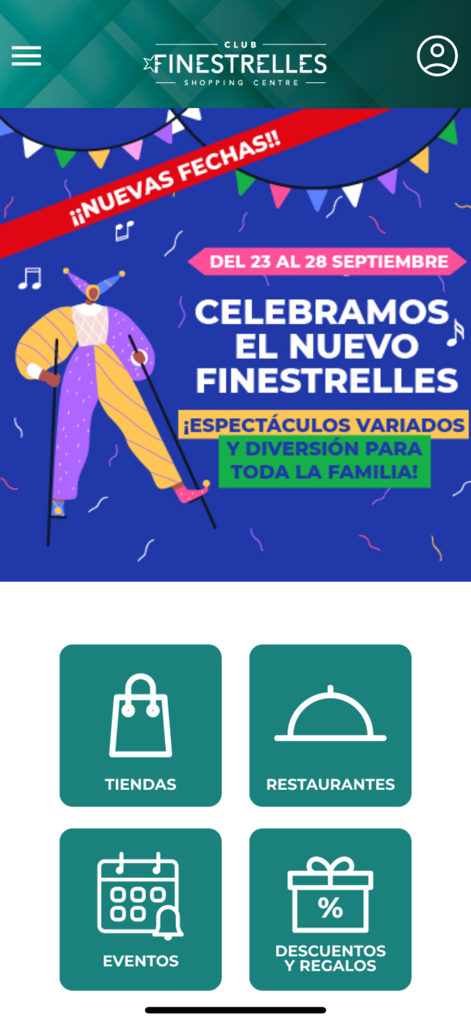 Finestrelles - The Finestrelles Shopping Centre mobile app interface featuring menu buttons for shops, restaurants, events, and discounts