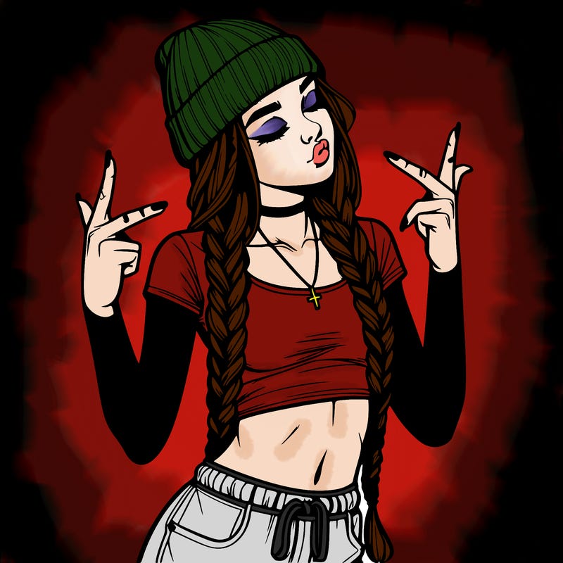 realistic teenage girl with braids and a beanie and crop top doing 🫶🏼