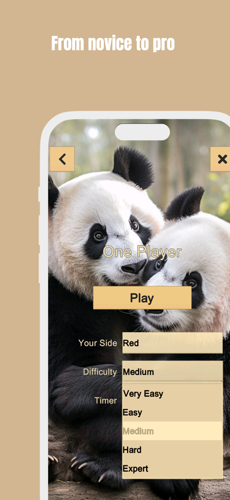 Setup screen for Chinese Chess app showing five difficulty levels from Very Easy to Expert with a panda background
