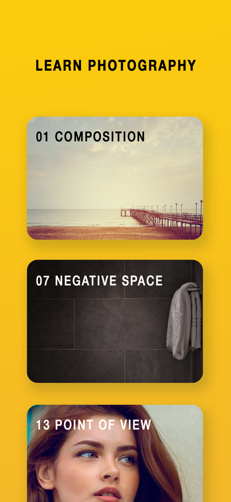 A mobile app screen titled Learn Photography showing tutorials for composition negative space and point of view