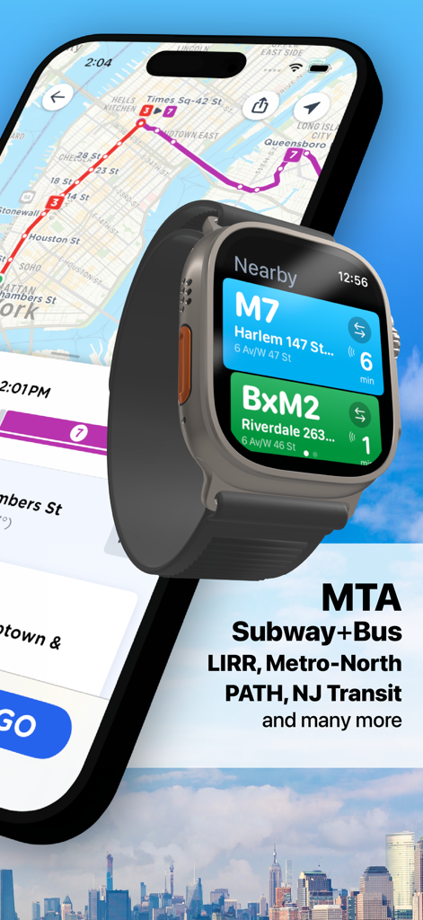 NYC Transit app showing real-time bus and subway tracking on iPhone and Apple Watch
