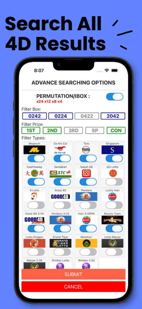 Advanced searching options screen in the Live 4D Results app showing various lottery filters and operators.