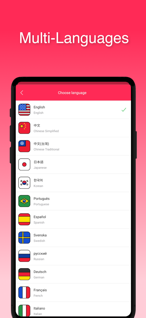 顔文字エモティコンアプリの多言語選択メニューを、様々な国際旗とともに表示するスマートフォン画面