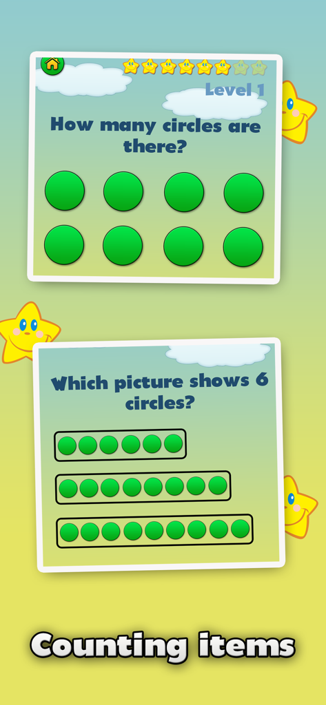 Math Joy - Kids Learning Games - Math Joy educational app interface showing counting exercises with green circles for children