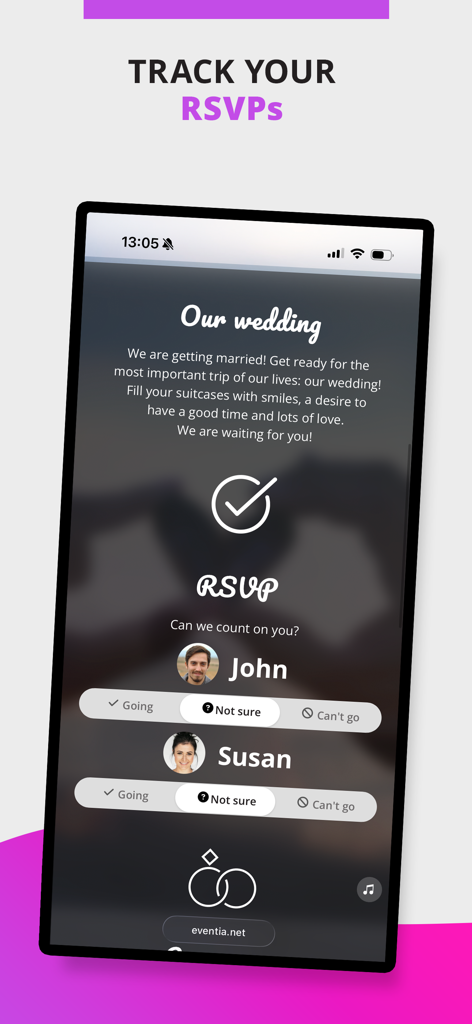 Eventia - Digital Invitations - Interfaz de la aplicación móvil mostrando una invitación de boda digital con opciones de seguimiento de confirmación de invitados