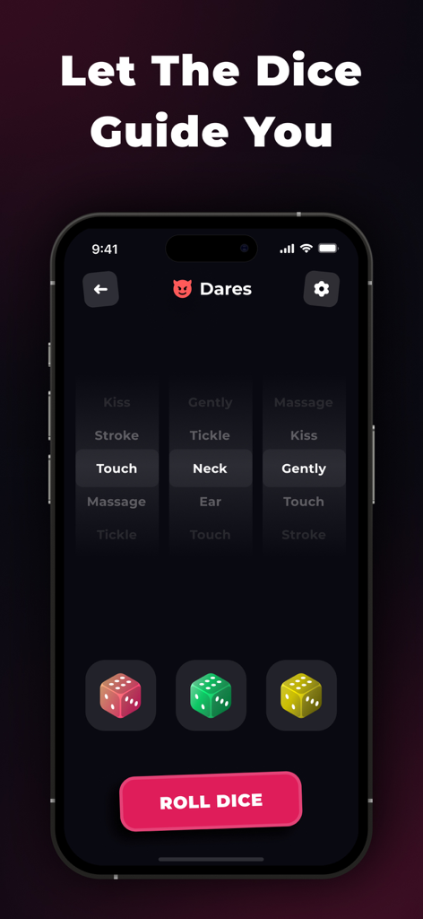 Sex Dice for Couples - XDice - XDice App-Bildschirm, der ein Mutspiel für Paare mit virtuellen Würfeln zeigt