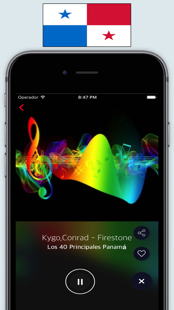 Radio Panamá FM / Live Radios Stations Online App - Interface do aplicativo móvel do Rádio Panamá FM mostrando um player de música ao vivo com gráficos coloridos e a bandeira do Panamá.