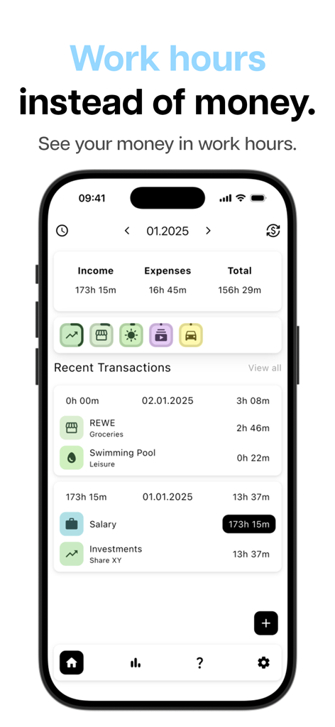 Finance Squirrel | Budget App - Finance Squirrelアプリ画面に、月間収入と支出が労働時間に換算されて表示され、より良い財務意識を促進している