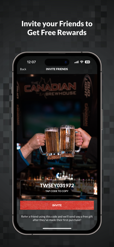 CBH Rewards - CBH Rewards app screen for inviting friends to earn rewards featuring a referral code and people clinking beer mugs